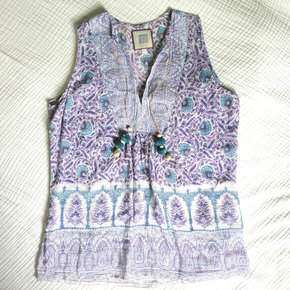 BELL Alicia Bell Sz M Boho Purple Top Blouse Floral Cotton Silk Beaded Tassels - Picture 1 of 5